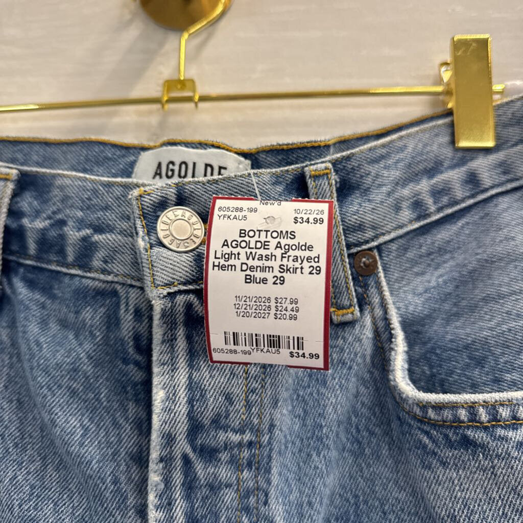 Agolde Light Wash Frayed Hem Denim Skirt 29