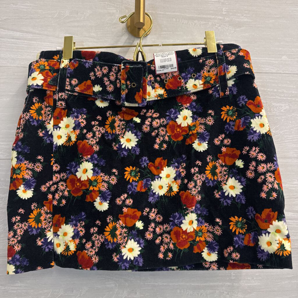 Staud Black/ Multi Floral Velvet Belted Mini Skirt 8