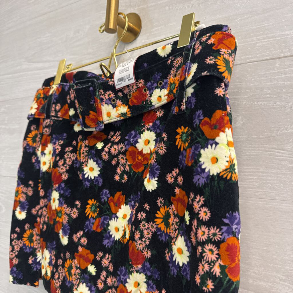 Staud Black/ Multi Floral Velvet Belted Mini Skirt 8