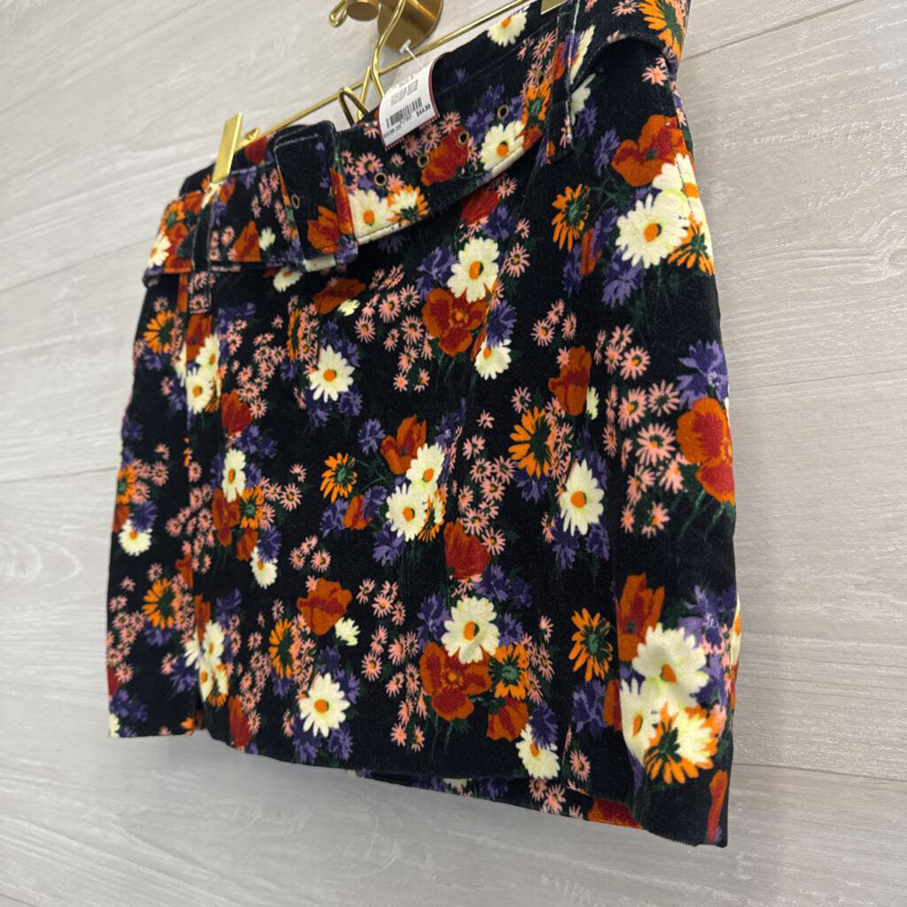 Staud Black/ Multi Floral Velvet Belted Mini Skirt 8