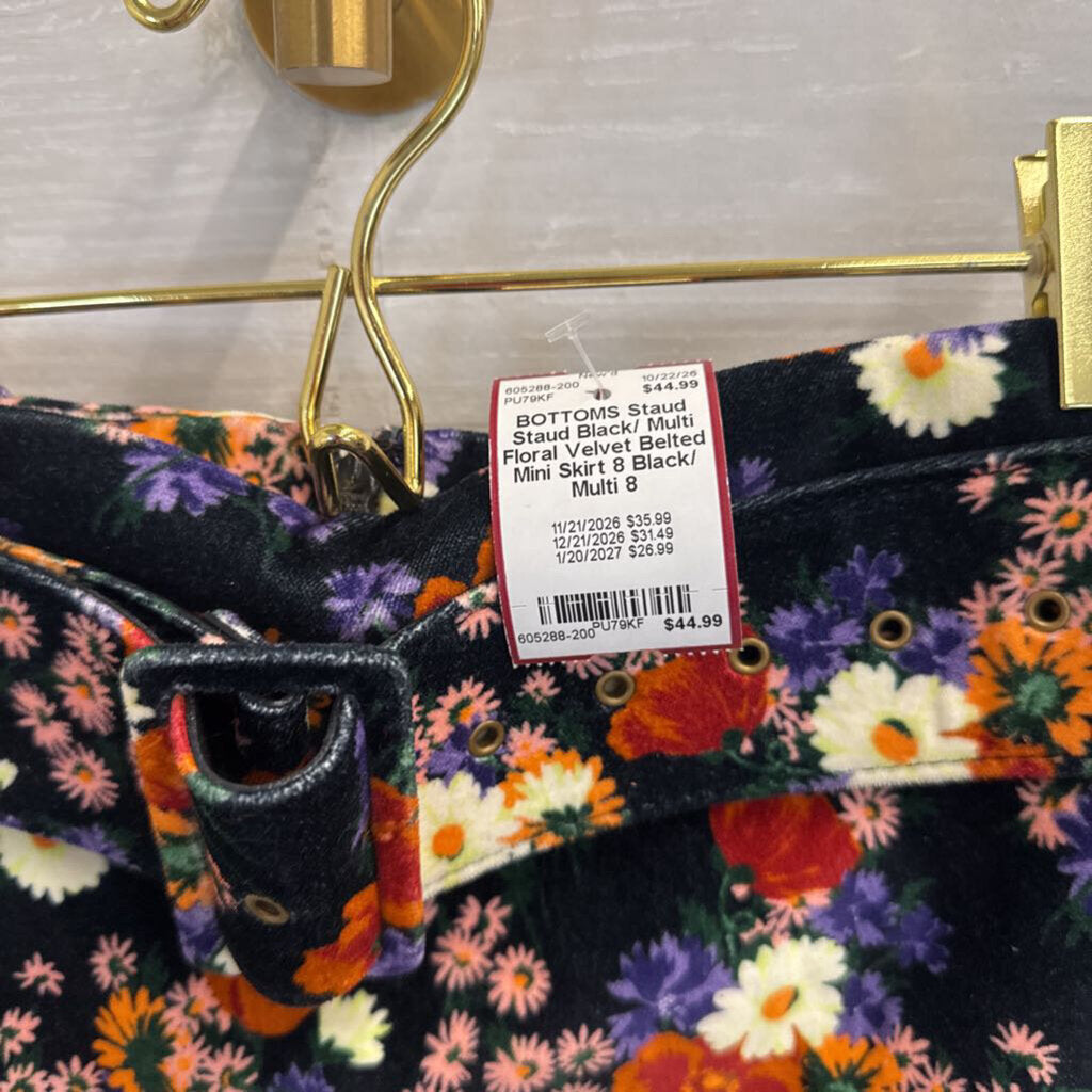 Staud Black/ Multi Floral Velvet Belted Mini Skirt 8