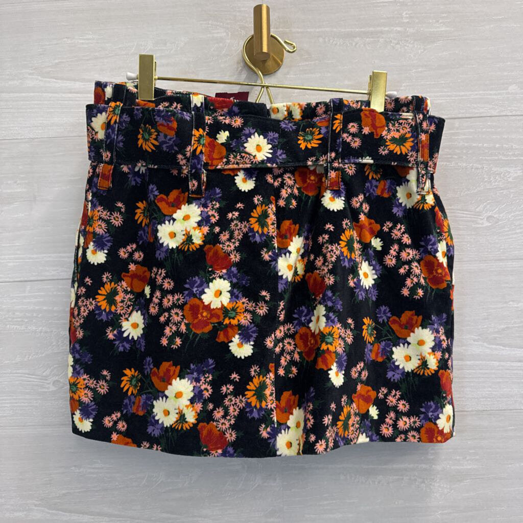 Staud Black/ Multi Floral Velvet Belted Mini Skirt 8