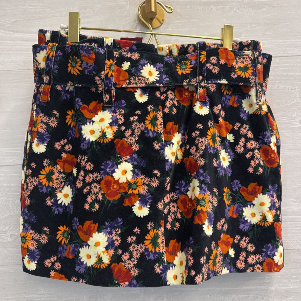 Staud Black/ Multi Floral Velvet Belted Mini Skirt 8