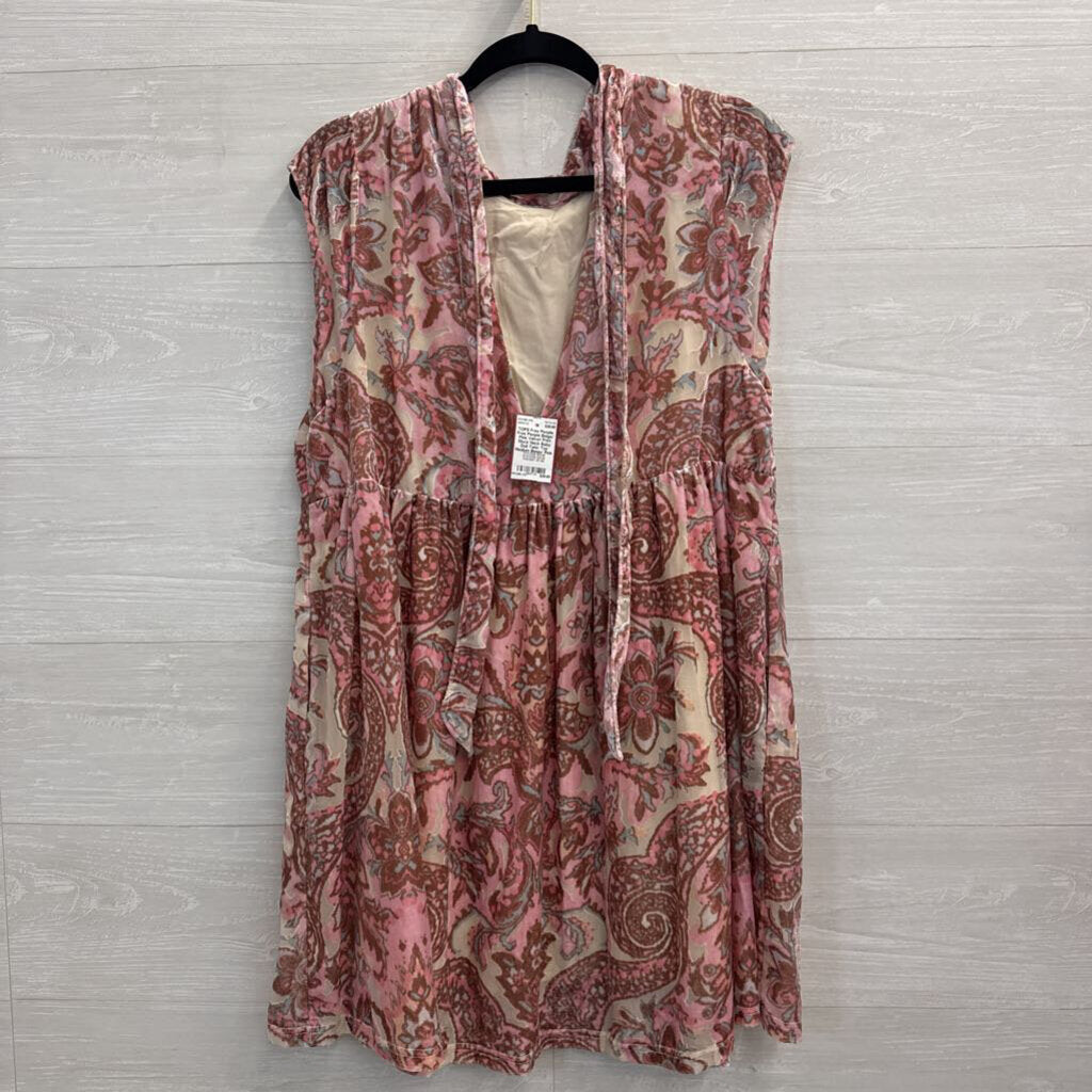 Free People Beige/ Pink Velvet Print Mock Neck Baby Doll Tunic Top Medium