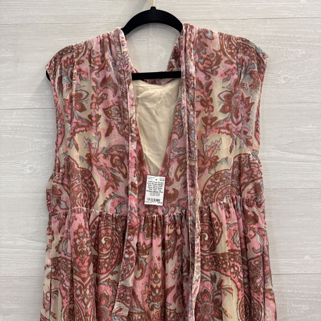 Free People Beige/ Pink Velvet Print Mock Neck Baby Doll Tunic Top Medium