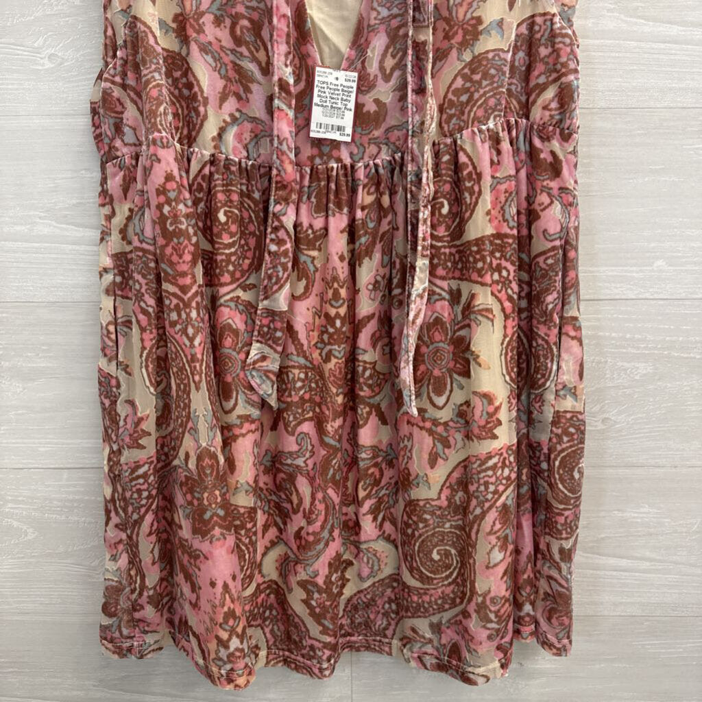 Free People Beige/ Pink Velvet Print Mock Neck Baby Doll Tunic Top Medium
