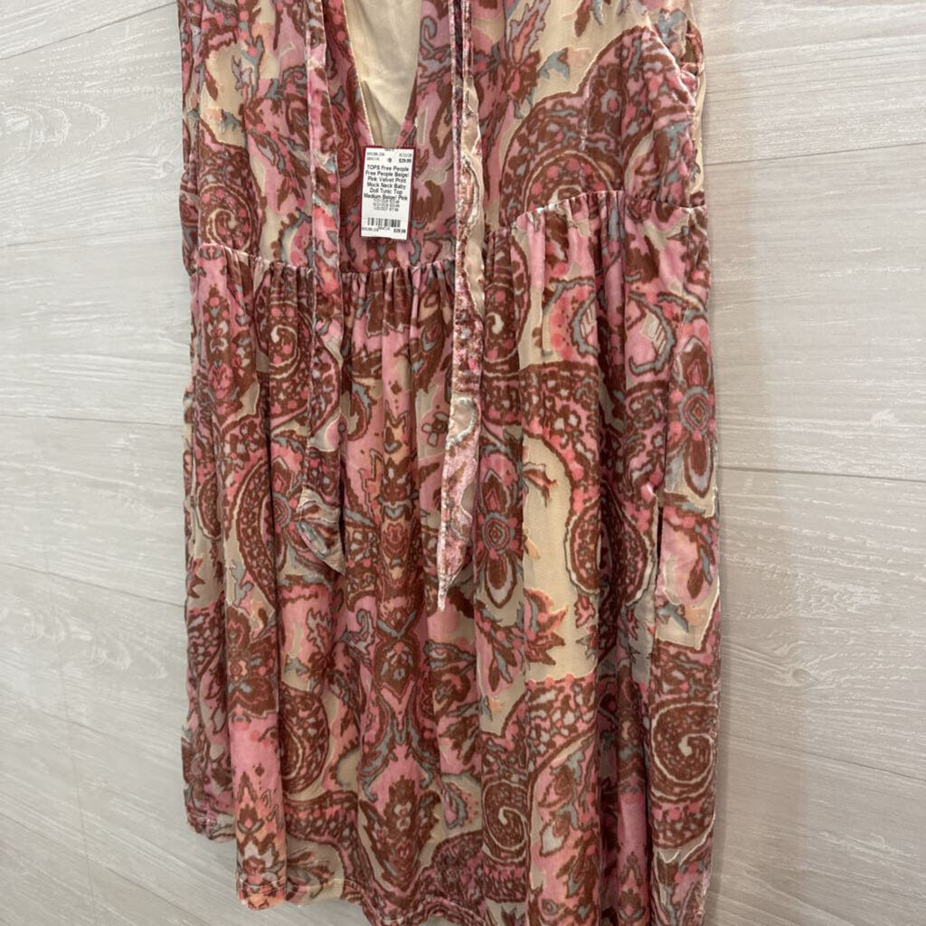 Free People Beige/ Pink Velvet Print Mock Neck Baby Doll Tunic Top Medium