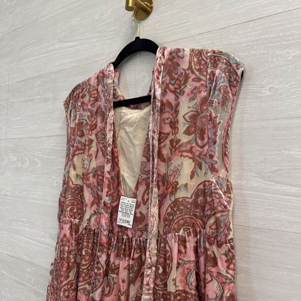 Free People Beige/ Pink Velvet Print Mock Neck Baby Doll Tunic Top Medium