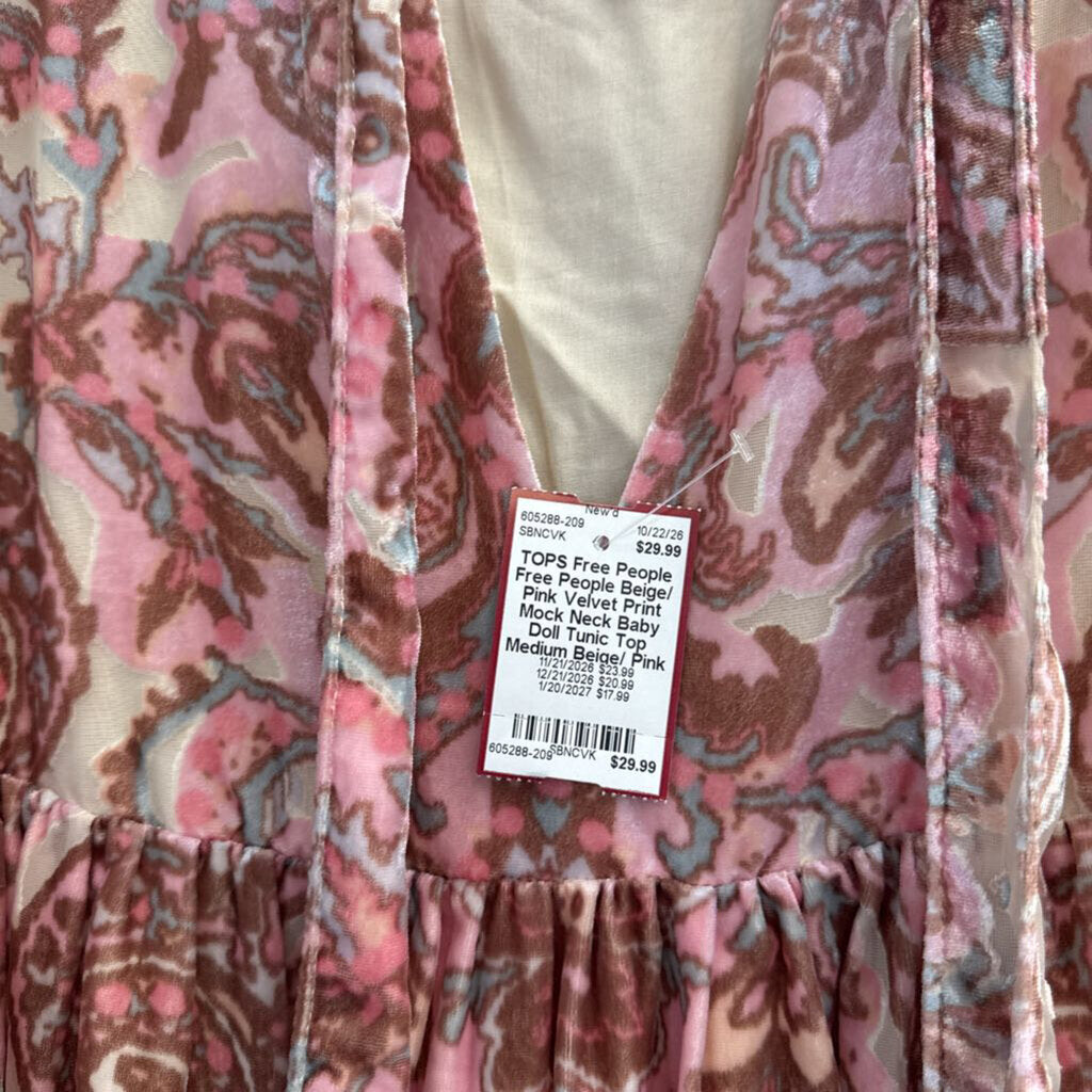 Free People Beige/ Pink Velvet Print Mock Neck Baby Doll Tunic Top Medium