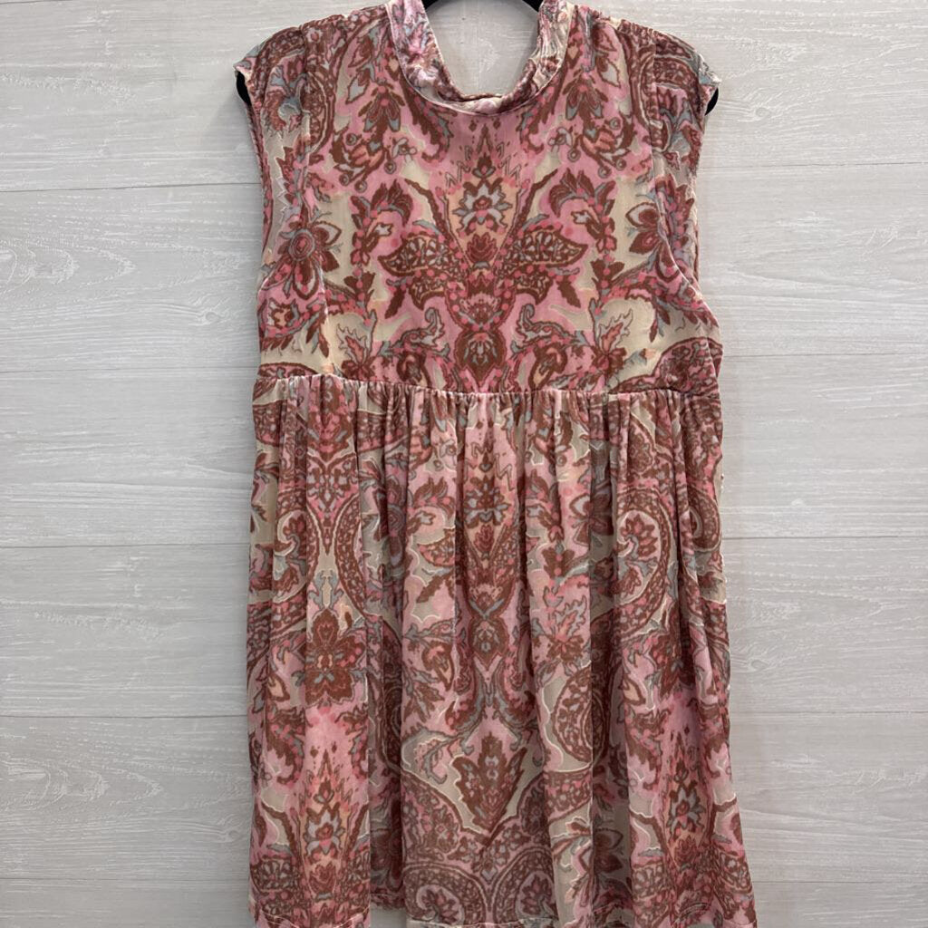 Free People Beige/ Pink Velvet Print Mock Neck Baby Doll Tunic Top Medium