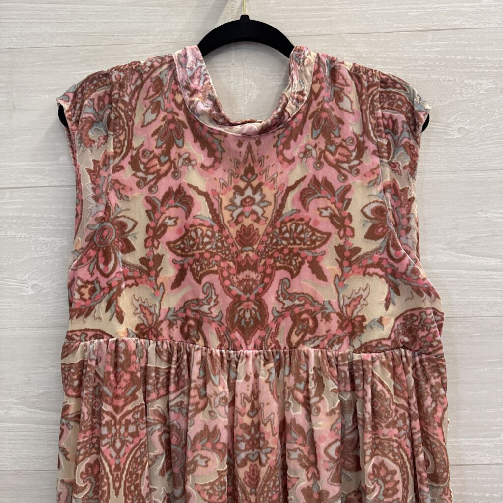 Free People Beige/ Pink Velvet Print Mock Neck Baby Doll Tunic Top Medium