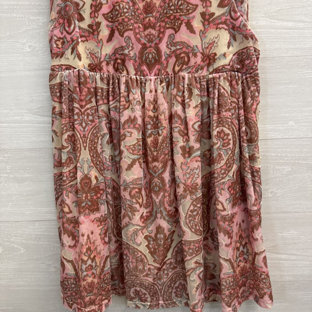 Free People Beige/ Pink Velvet Print Mock Neck Baby Doll Tunic Top Medium