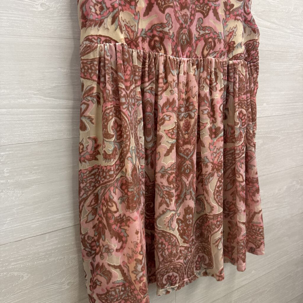 Free People Beige/ Pink Velvet Print Mock Neck Baby Doll Tunic Top Medium