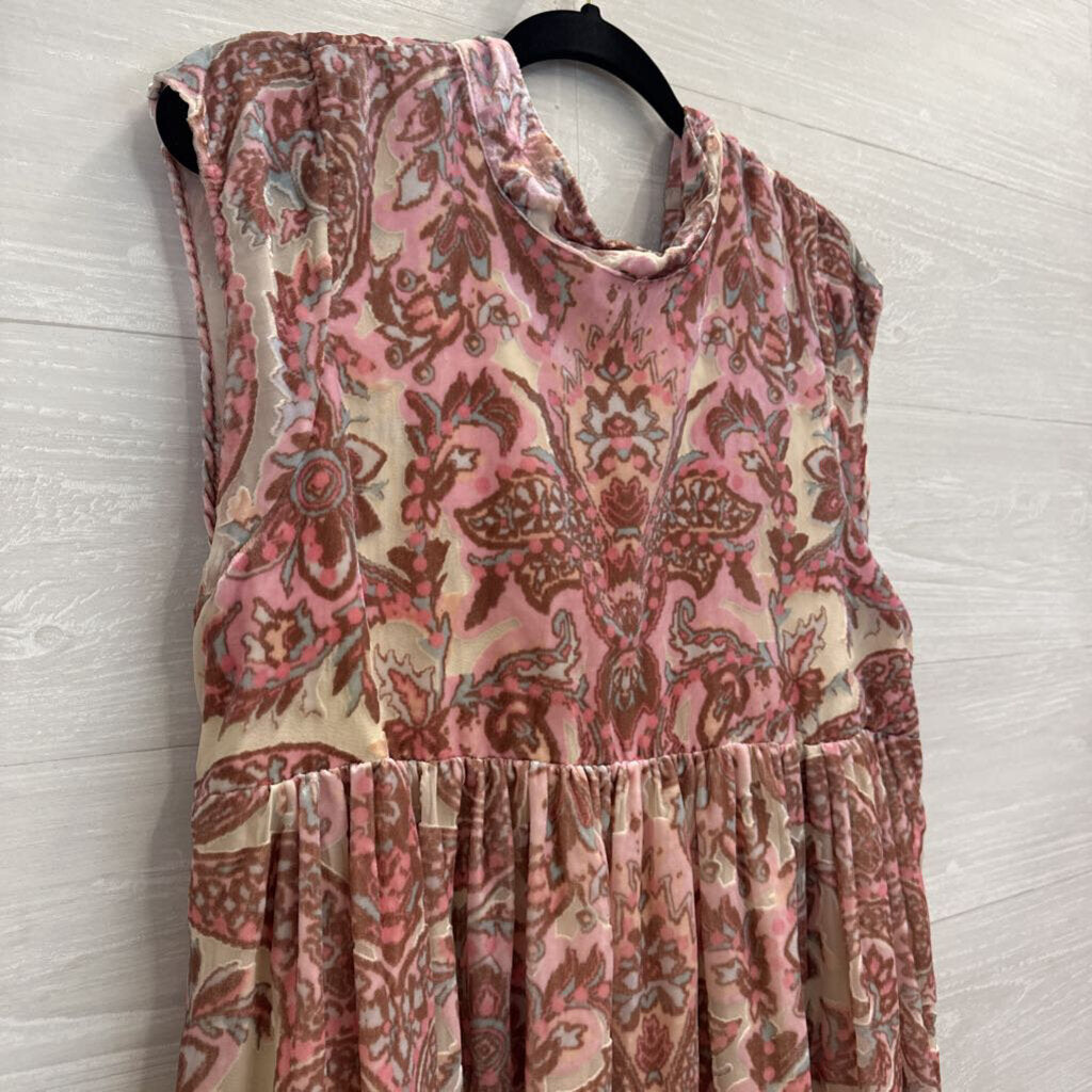 Free People Beige/ Pink Velvet Print Mock Neck Baby Doll Tunic Top Medium