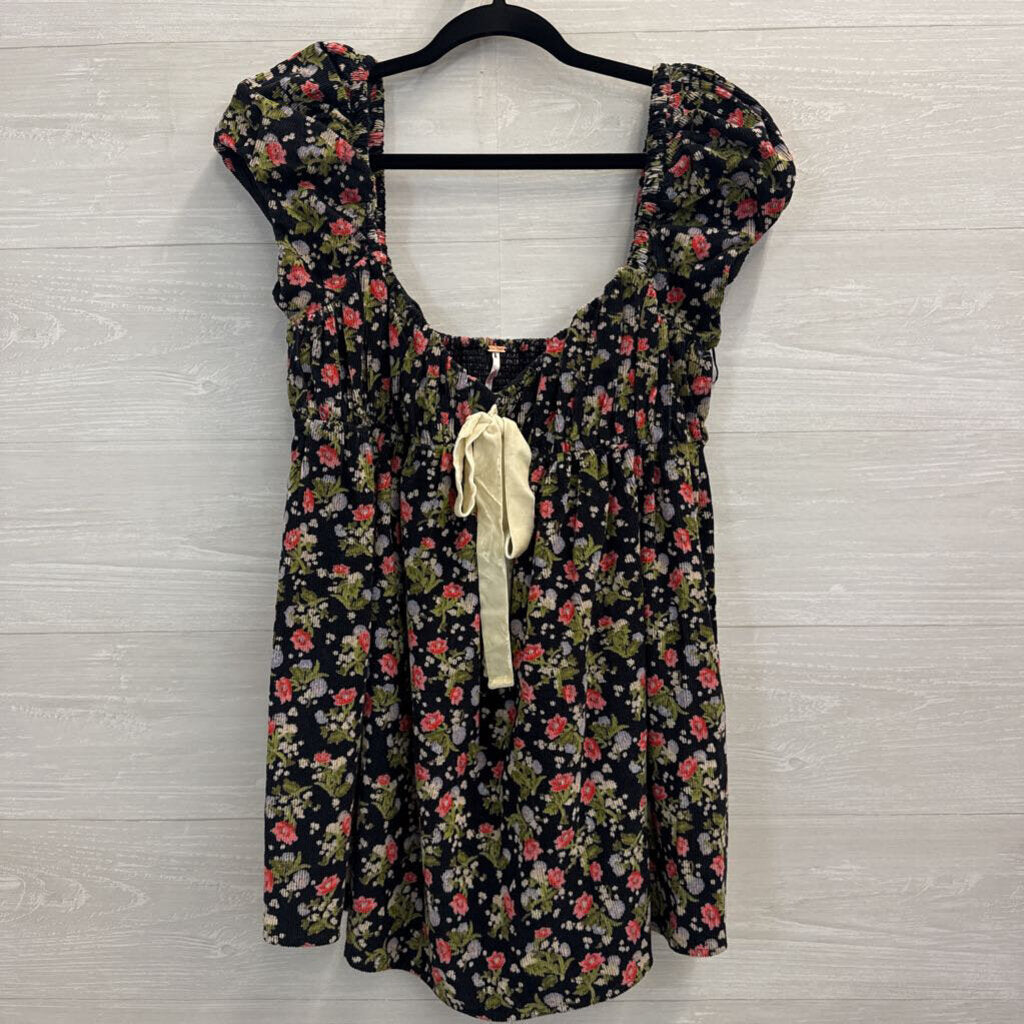 Free People Black/ Multi Print Corduroy Short Puff Sleeve Baby Doll Tunic Top Small