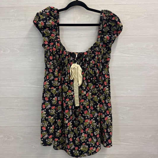 Free People Black/ Multi Print Corduroy Short Puff Sleeve Baby Doll Tunic Top Small