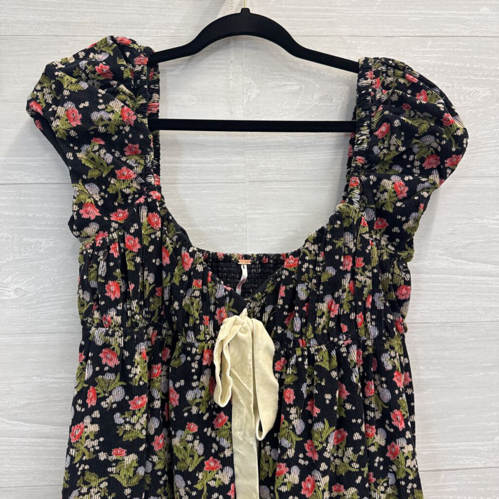 Free People Black/ Multi Print Corduroy Short Puff Sleeve Baby Doll Tunic Top Small