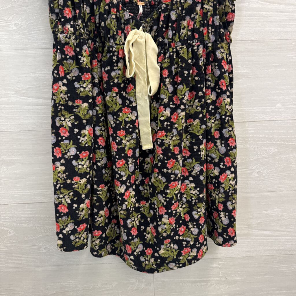 Free People Black/ Multi Print Corduroy Short Puff Sleeve Baby Doll Tunic Top Small