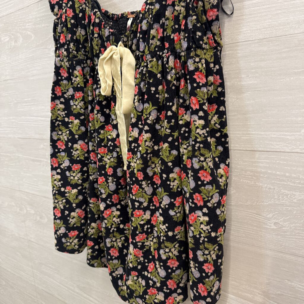 Free People Black/ Multi Print Corduroy Short Puff Sleeve Baby Doll Tunic Top Small