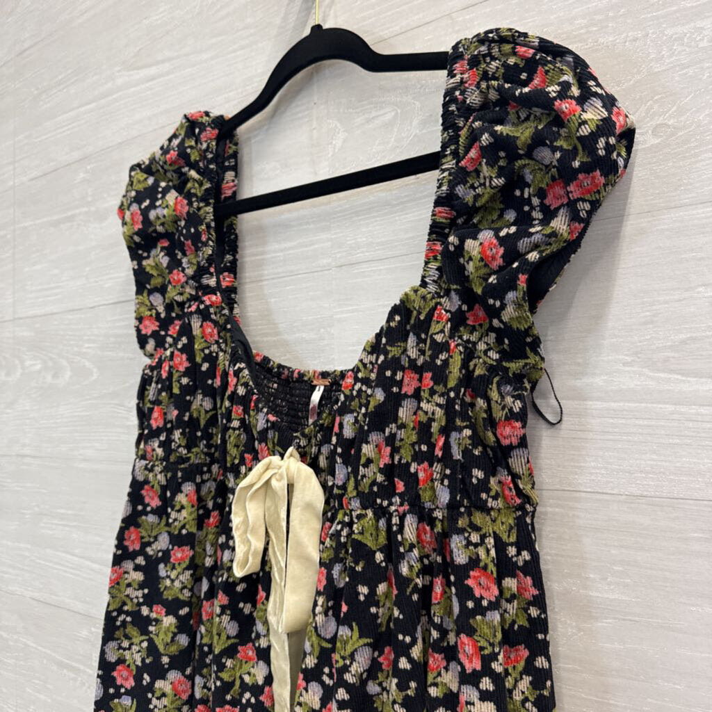Free People Black/ Multi Print Corduroy Short Puff Sleeve Baby Doll Tunic Top Small