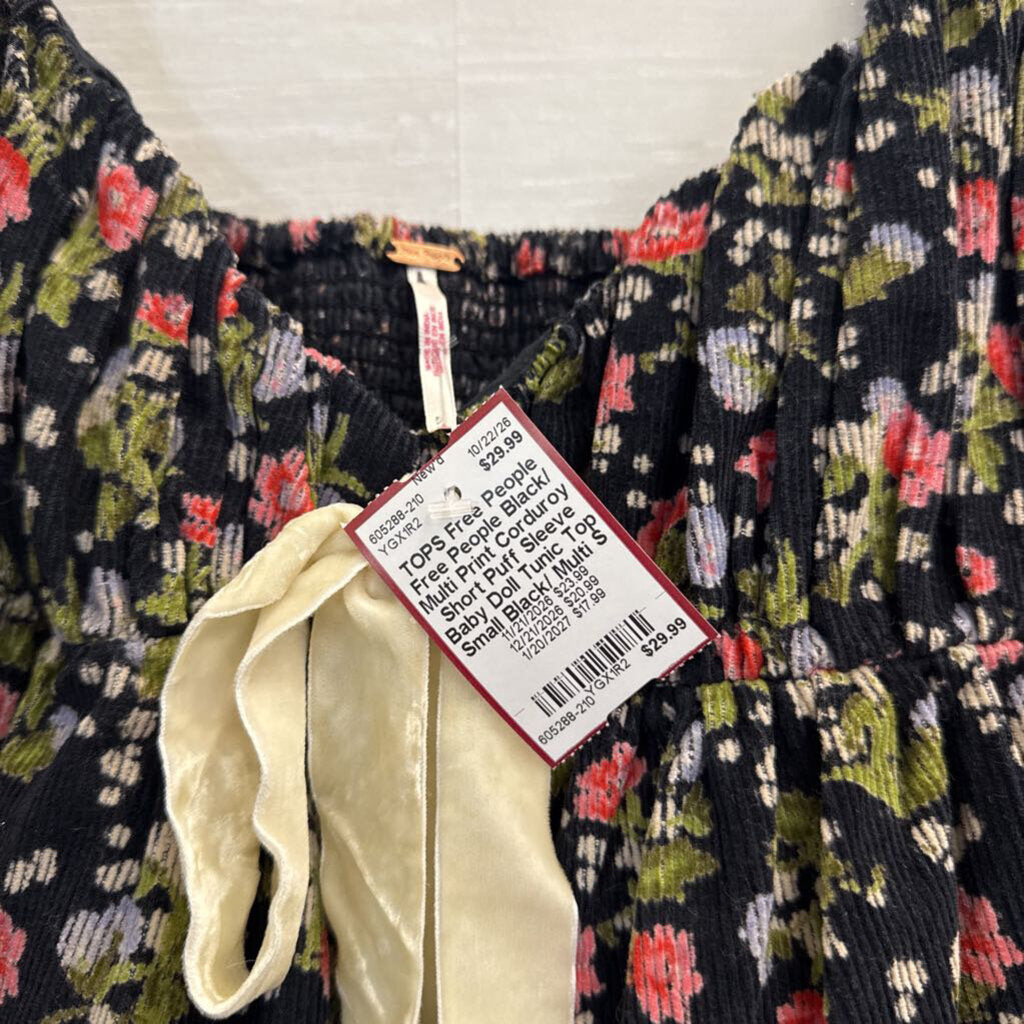 Free People Black/ Multi Print Corduroy Short Puff Sleeve Baby Doll Tunic Top Small