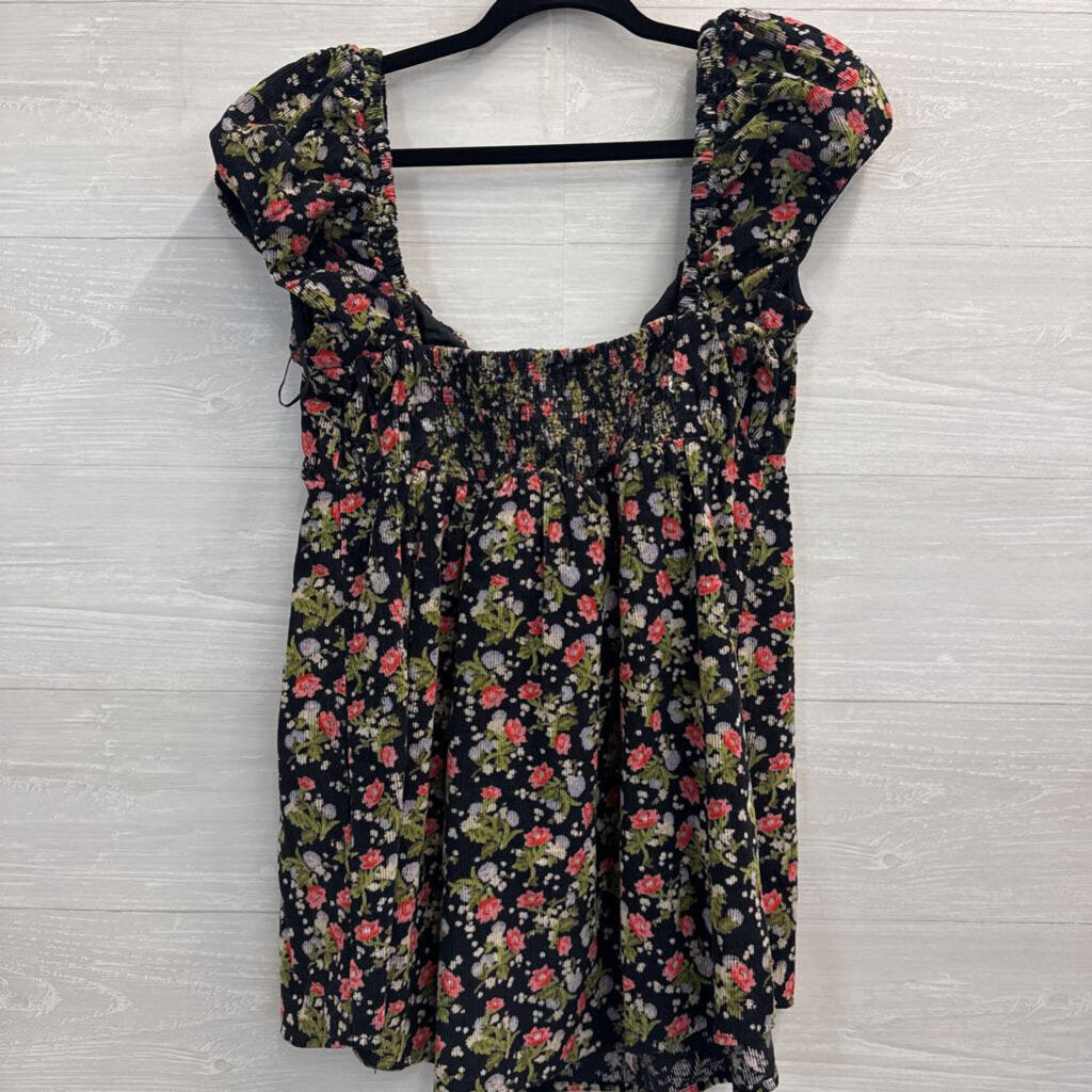 Free People Black/ Multi Print Corduroy Short Puff Sleeve Baby Doll Tunic Top Small
