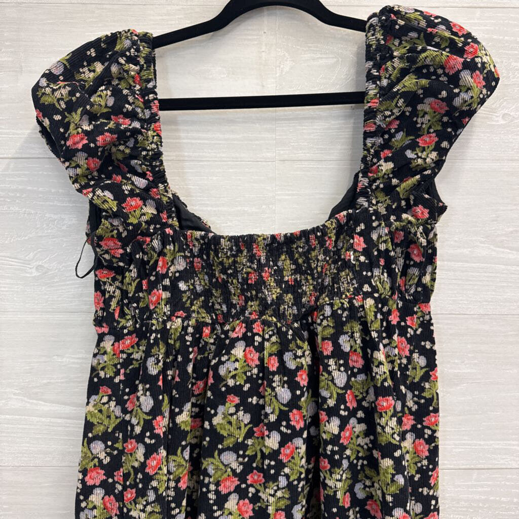 Free People Black/ Multi Print Corduroy Short Puff Sleeve Baby Doll Tunic Top Small