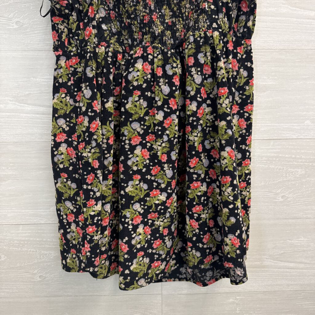 Free People Black/ Multi Print Corduroy Short Puff Sleeve Baby Doll Tunic Top Small
