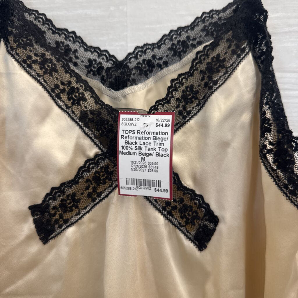 Reformation Biege/ Black Lace Trim 100% Silk Tank Top Medium