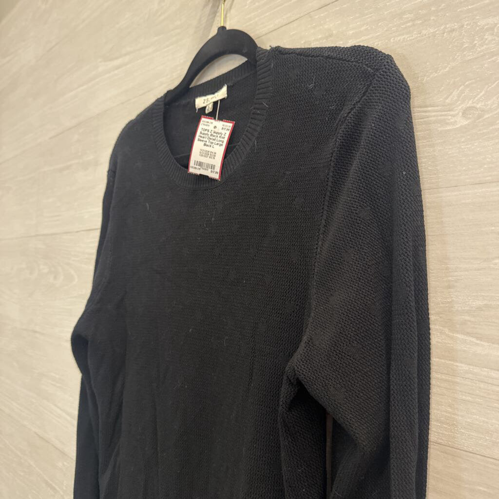 Z Supply Black Knit Heart Detail Long Sleeve Top Large