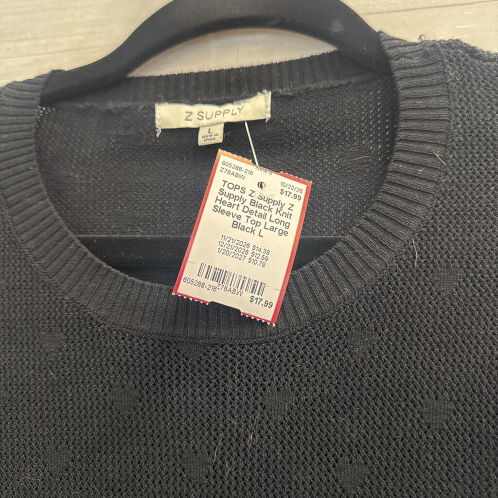 Z Supply Black Knit Heart Detail Long Sleeve Top Large