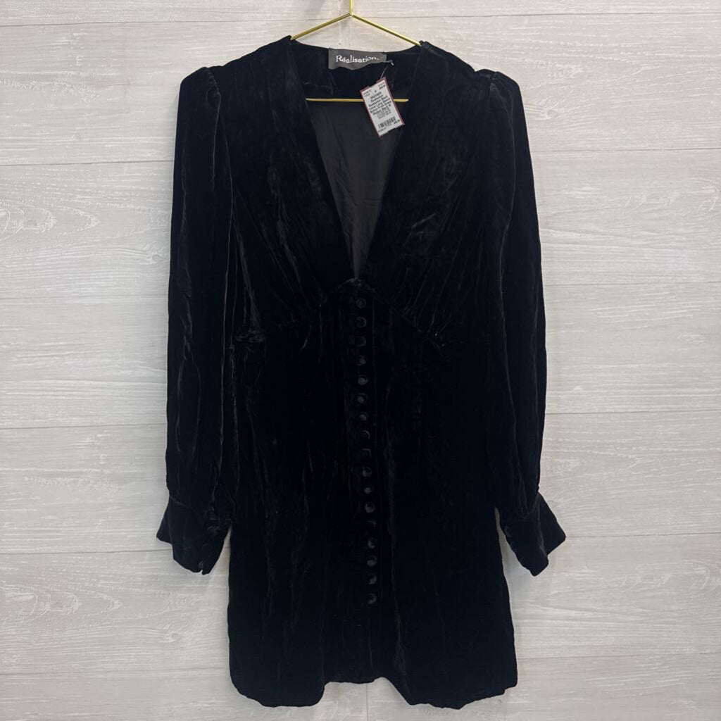 Realisation Black Velvet Long Sleeve Button Front Dress Medium