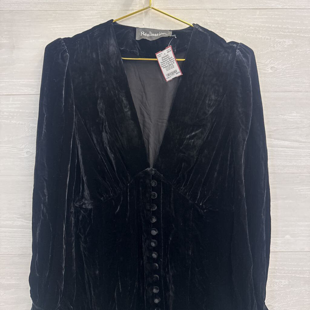 Realisation Black Velvet Long Sleeve Button Front Dress Medium