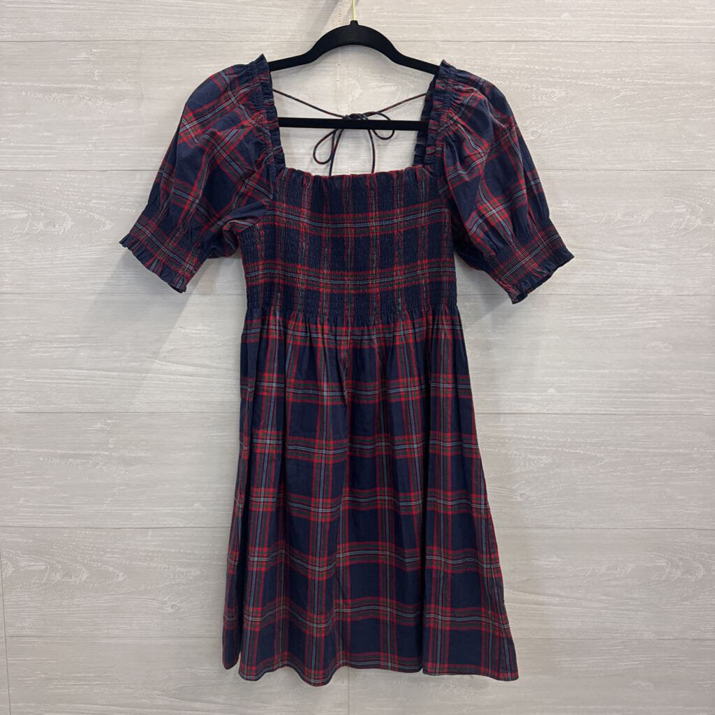 Hill House Navy/ Red Plaid Short Puff Sleeve Dress Small