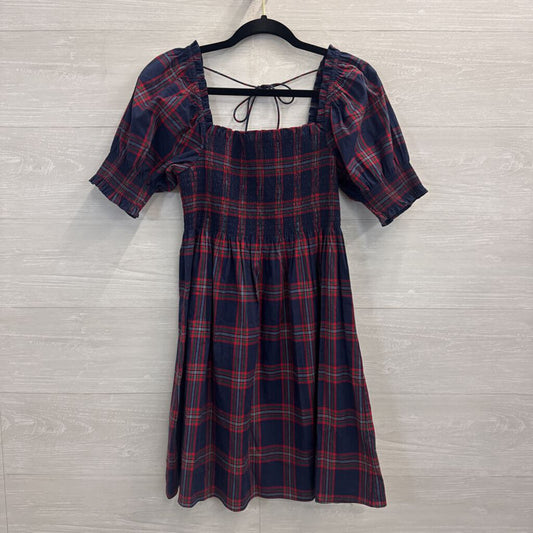 Hill House Navy/ Red Plaid Short Puff Sleeve Dress Small