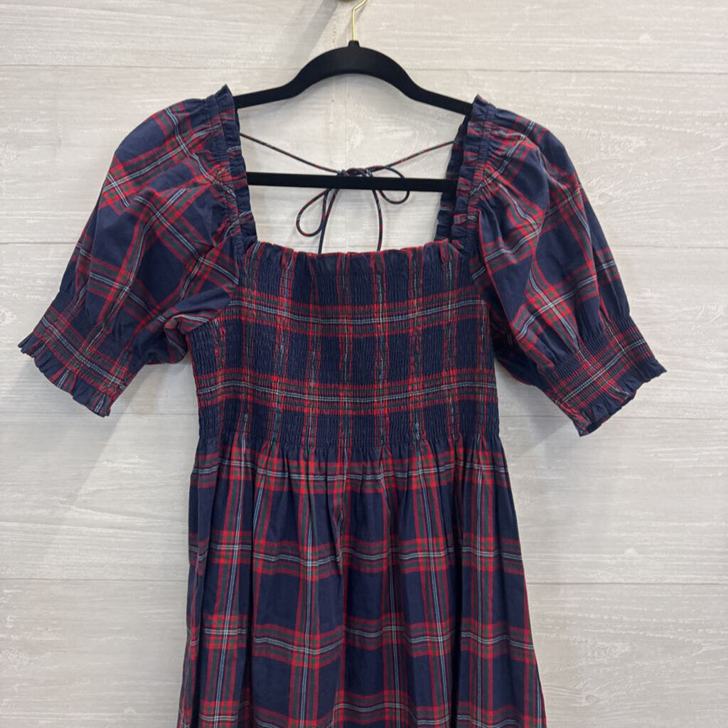 Hill House Navy/ Red Plaid Short Puff Sleeve Dress Small