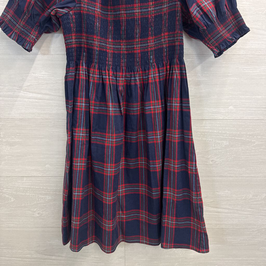 Hill House Navy/ Red Plaid Short Puff Sleeve Dress Small