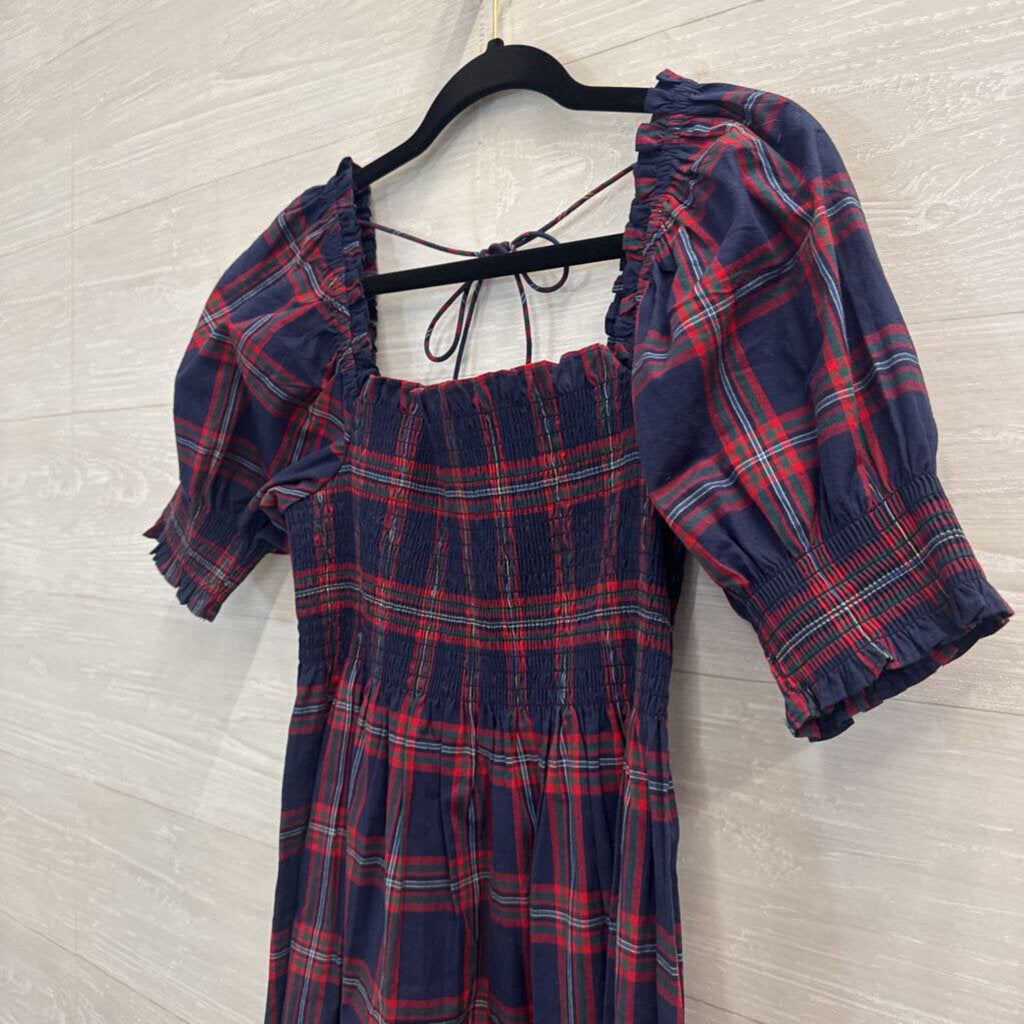Hill House Navy/ Red Plaid Short Puff Sleeve Dress Small