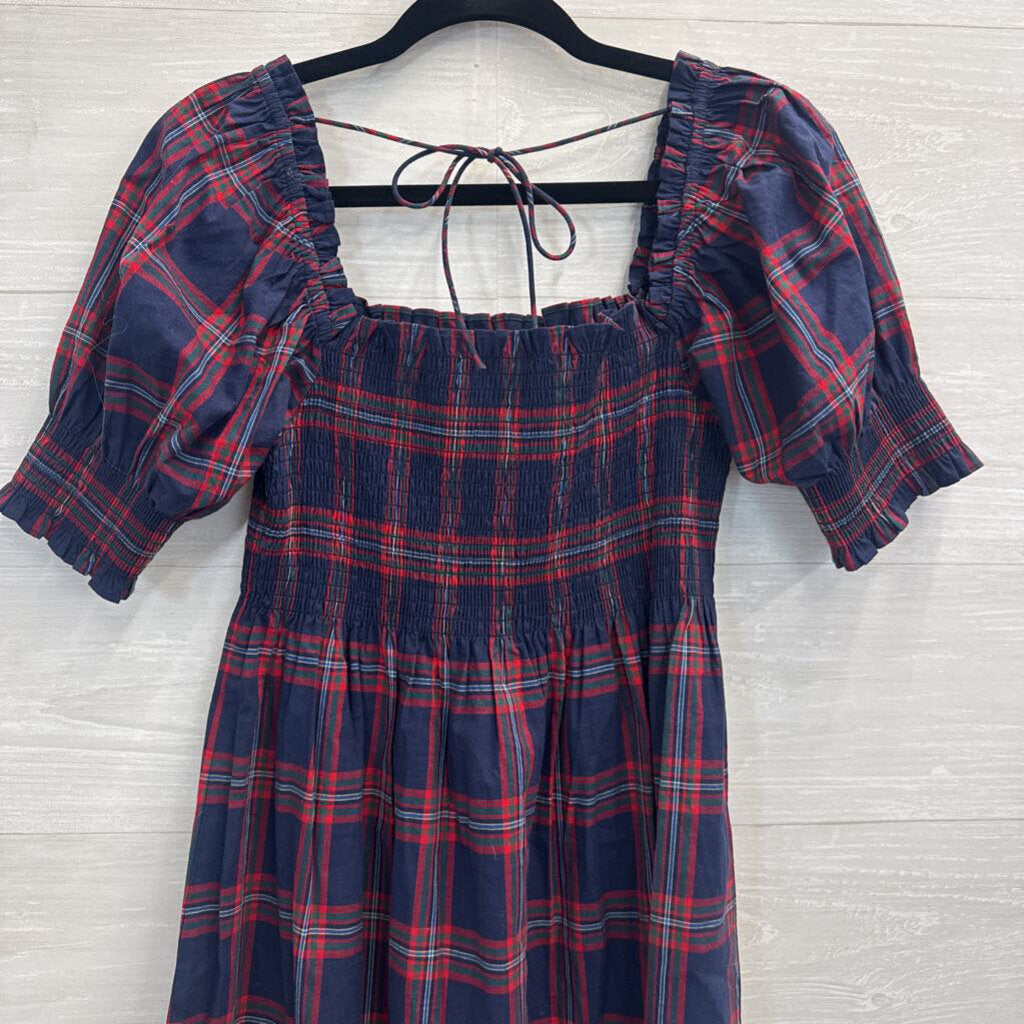 Hill House Navy/ Red Plaid Short Puff Sleeve Dress Small