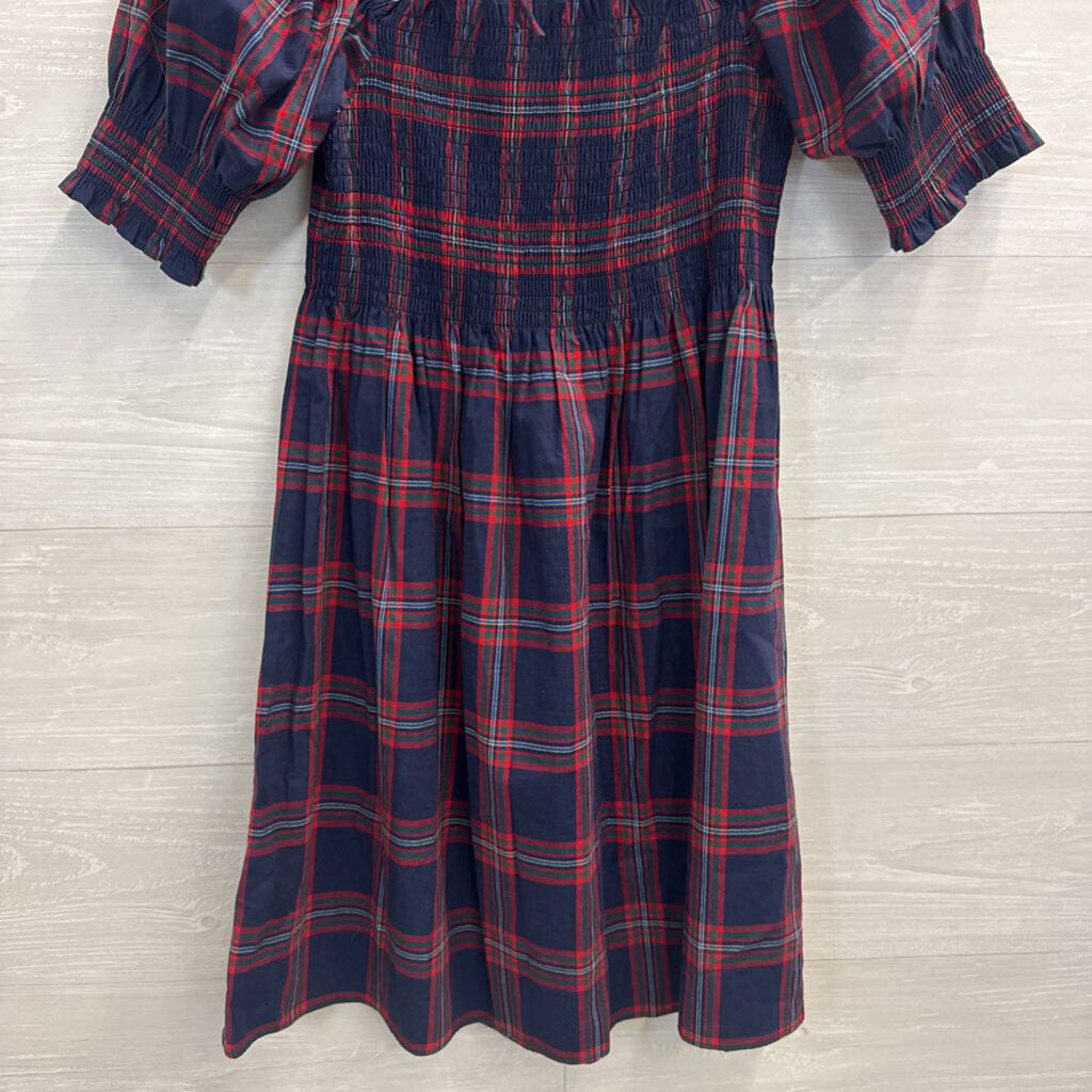 Hill House Navy/ Red Plaid Short Puff Sleeve Dress Small
