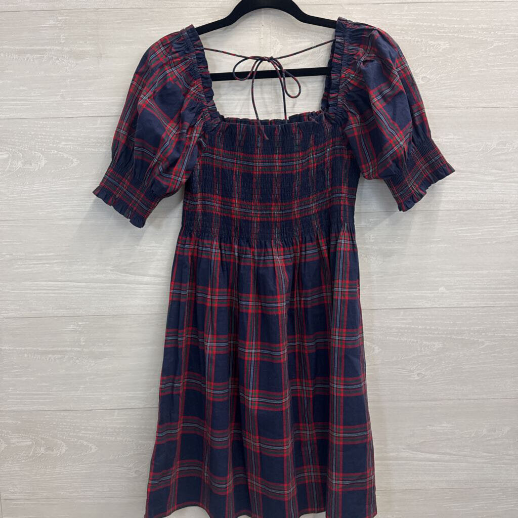 Hill House Navy/ Red Plaid Short Puff Sleeve Dress Small