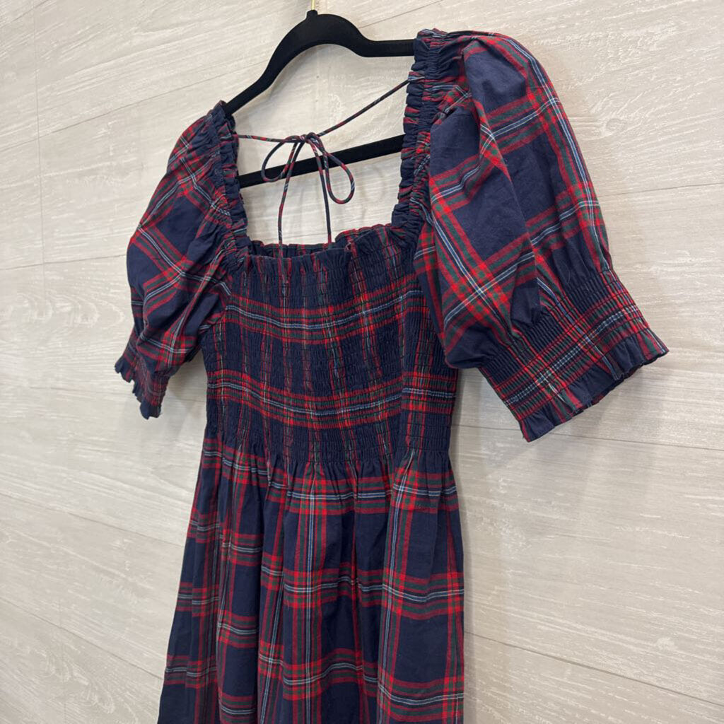 Hill House Navy/ Red Plaid Short Puff Sleeve Dress Small