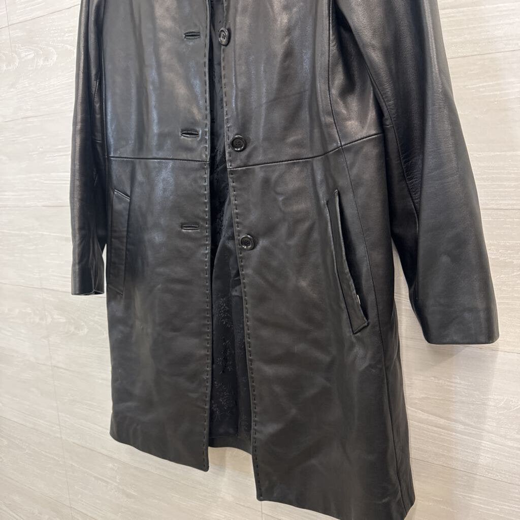 Siena Studio Black Long Button Front Leather Jacket Small