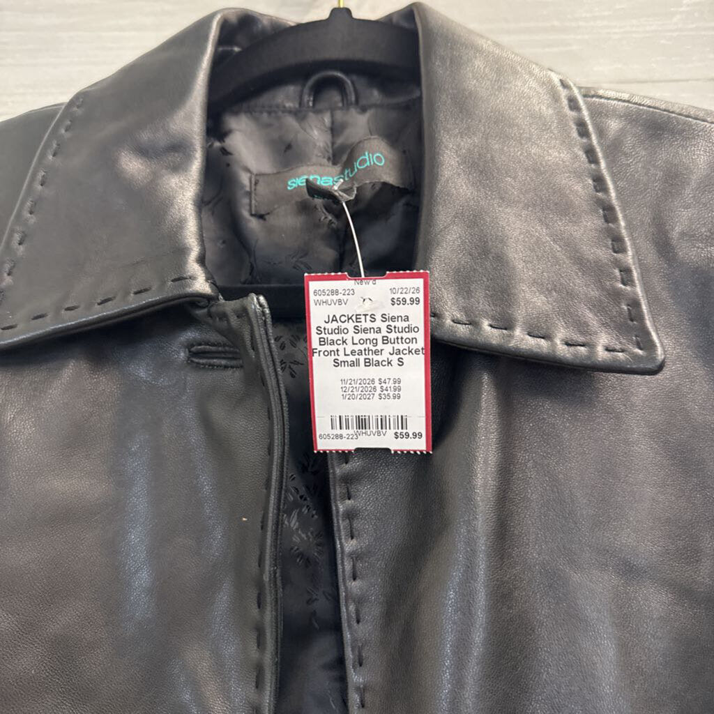 Siena Studio Black Long Button Front Leather Jacket Small