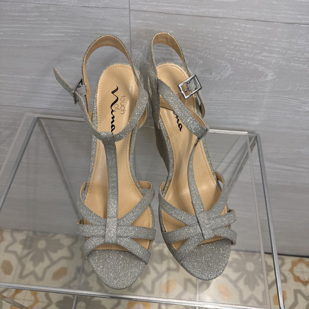 Touch of Nina Silver Shimmer Sparkle Strappy Wedge Heels 9