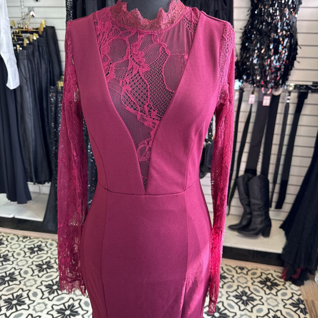 Lulus Burgundy Lace Long Sleeve Long Formal Dress Small