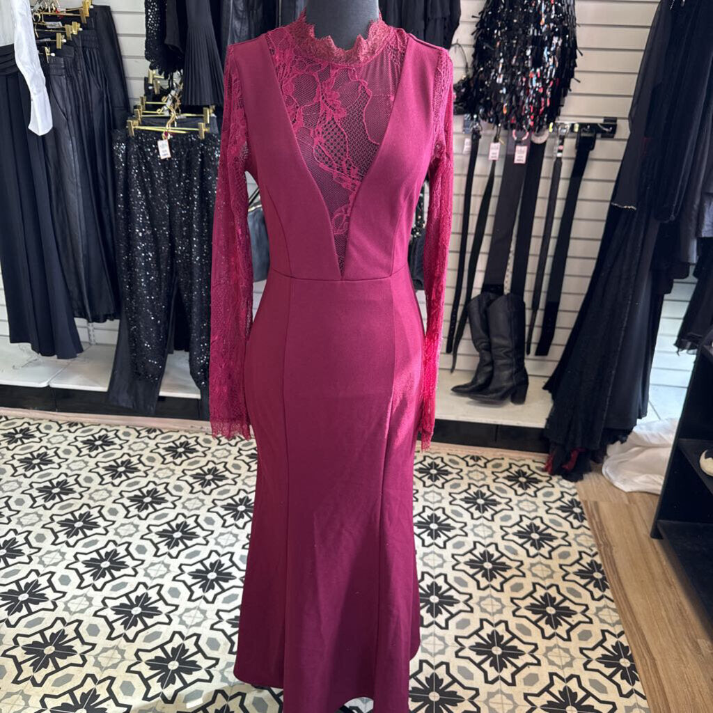 Lulus Burgundy Lace Long Sleeve Long Formal Dress Small