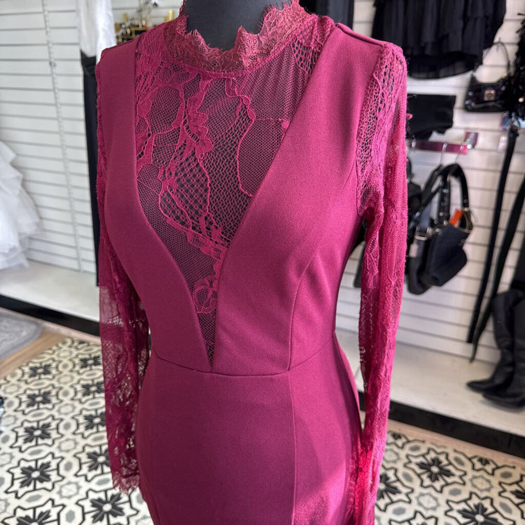 Lulus Burgundy Lace Long Sleeve Long Formal Dress Small
