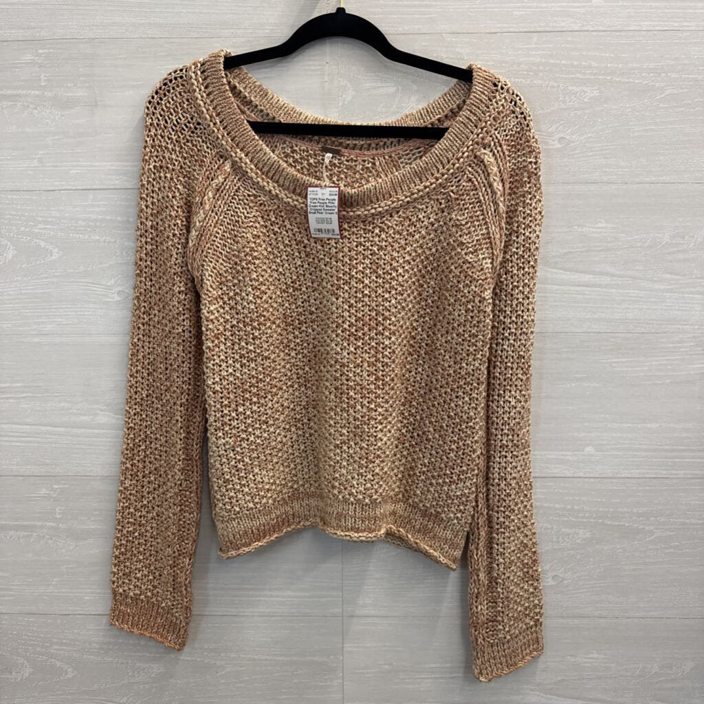 Free People Pink/ Cream Knit Slouchy Cropped Sweater Small