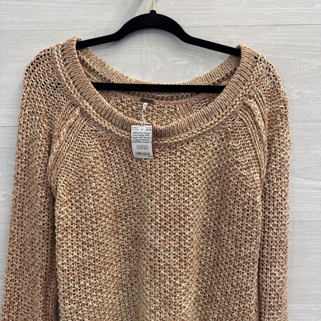 Free People Pink/ Cream Knit Slouchy Cropped Sweater Small